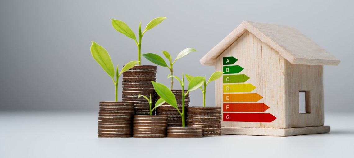 Haus mit Energieklassen und Muenzen