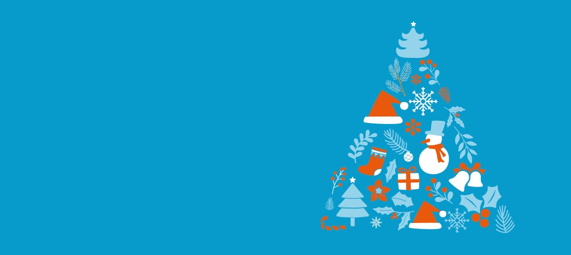 Illustration eines stilisierten Weihnachtsbaums aus winterlichen Symbolen wie Schneemann, Geschenk, Schneeflocken, Tannenzweigen und Nikolausmützen auf blauem Hintergrund.