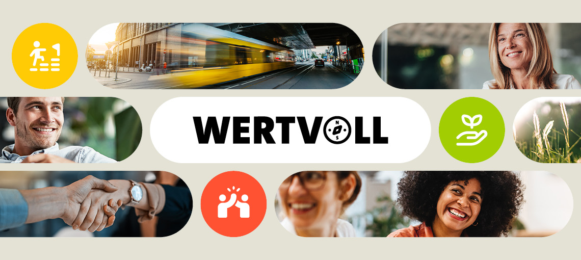 Grafik zur Leitbildkommunikation mit dem zentralen Begriff ‚WERTVOLL‘, umgeben von Bildausschnitten mit Menschen und Berlin-Motiven sowie Icons für Verantwortung, Zusammenarbeit und Nachhaltigkeit.