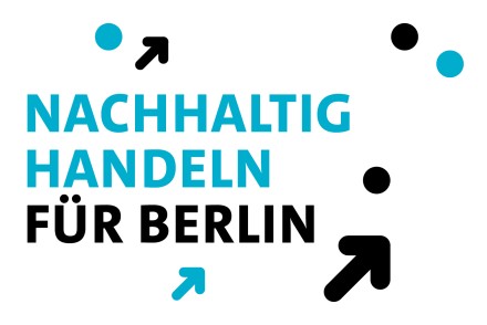 Grafik mit dem Text „Nachhaltig handeln für Berlin“ und stilisierten Pfeilen in Blau und Schwarz.