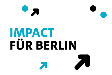 Grafik mit dem Text „Impact für Berlin“ und stilisierten Pfeilen in Blau und Schwarz.