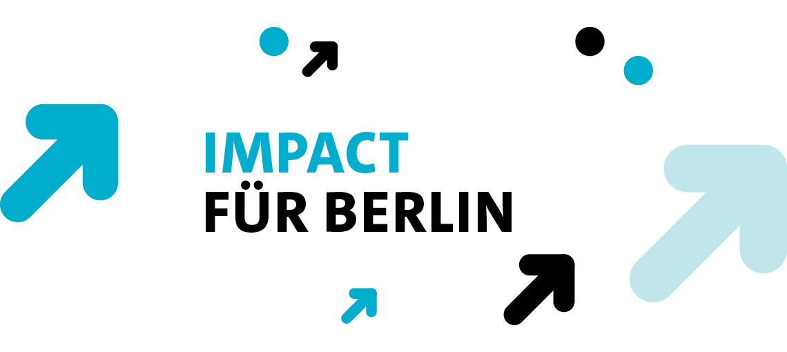 Grafik mit dem Text „Nachhaltig handeln für Berlin“ und stilisierten Pfeilen in Blau und Schwarz.