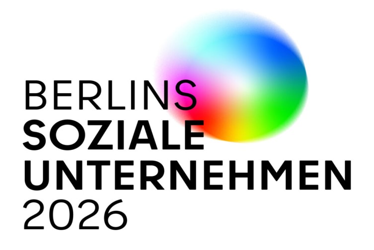 Logo des Wettbewerbs Berlins Soziale Unternehmen 2026 mit buntem Kreis im Hintergrund