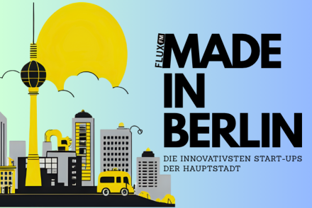 Eine grafische Silhuette Berlins mit Fernsehturm und rechts der Schriftzug "Made in Berlin"